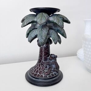 Palm Tree and Monkey Candle Holder Metal and Resin Vintage 1990s Tropical Glam